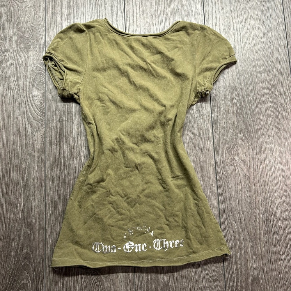 Urban Behavior Y2K XS Olive Green Baby Tee I'm From 213 Silver Foil Gothic Top - Picture 4 of 8